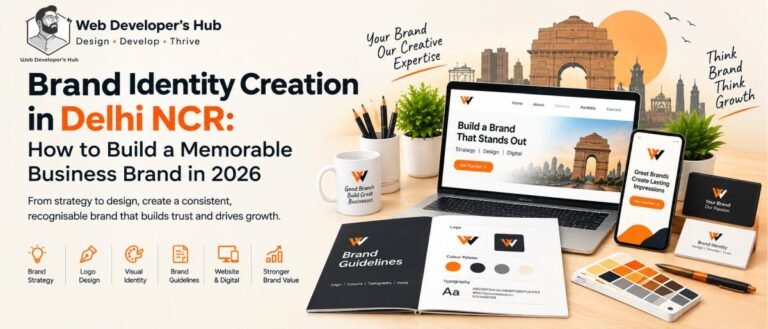 Brand identity creation in Delhi NCR showing logo design, colours, typography, brand guidelines and website branding